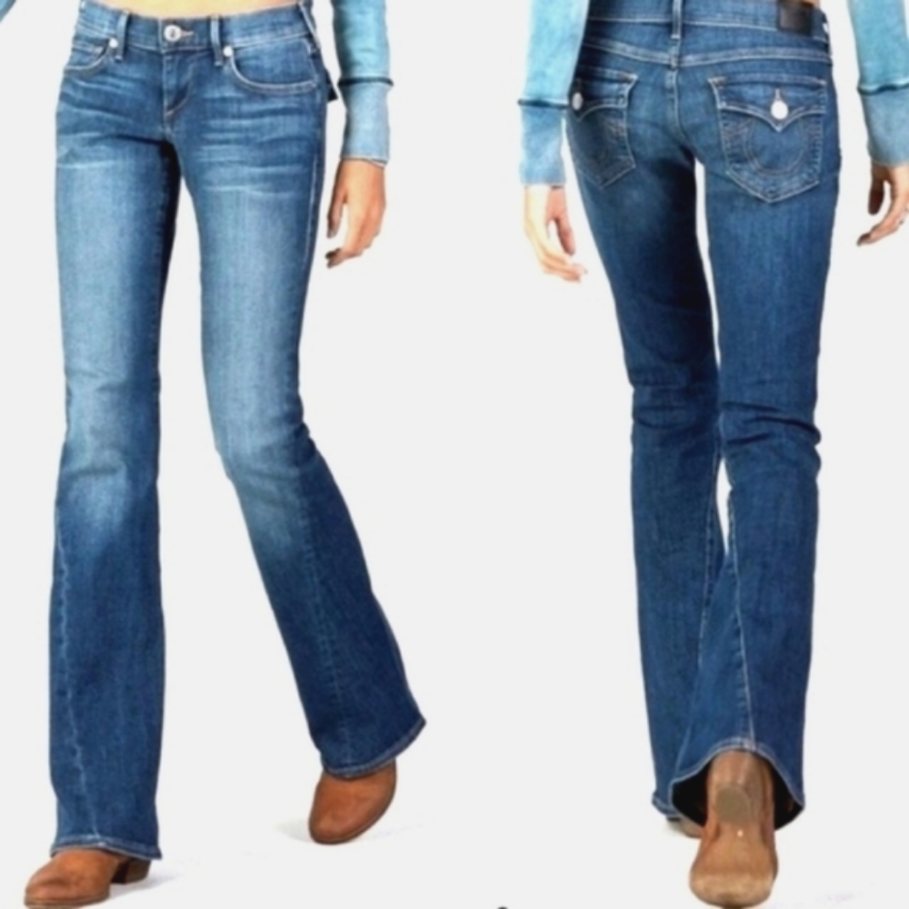 Y2k TRUE RELIGION Joey Dark Low FLARE HorseShoe Topstitched Bell IT Jeans 29 EUC - Picture 1 of 16